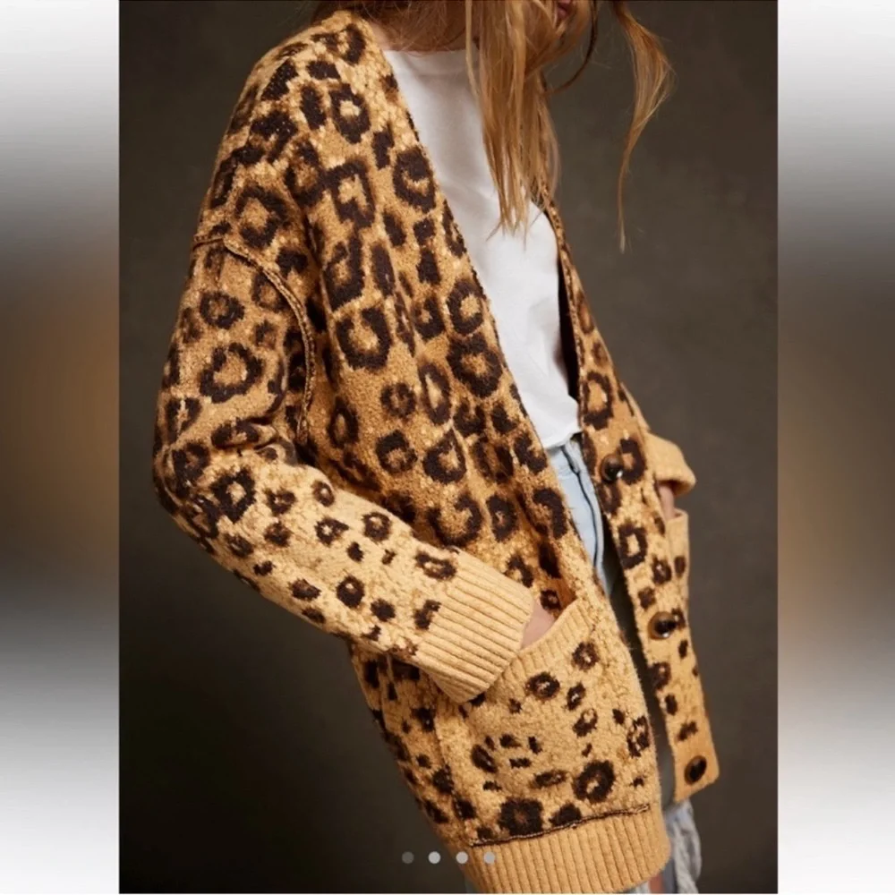 Free People State Side Leopard Print Cardigan in Tan and Brown - Picture 2 of 9